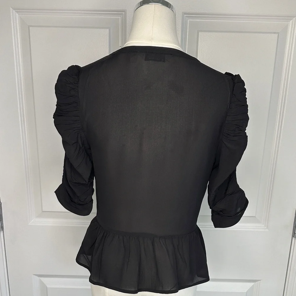 & Other Stories Black Silk Viscose Peplum Ruffled String Sleeve Blouse Size 4 - Picture 6 of 12